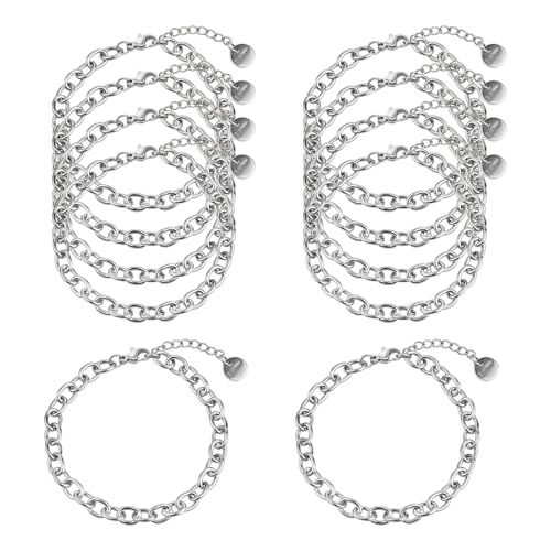 KYUNHOO 10 PCS Bracelet Chains for Jewelry Making 6.7 Inches Stainless Steel Oval Link Chain Bulk with Extender for Men Women DIY Bracelets Crafts