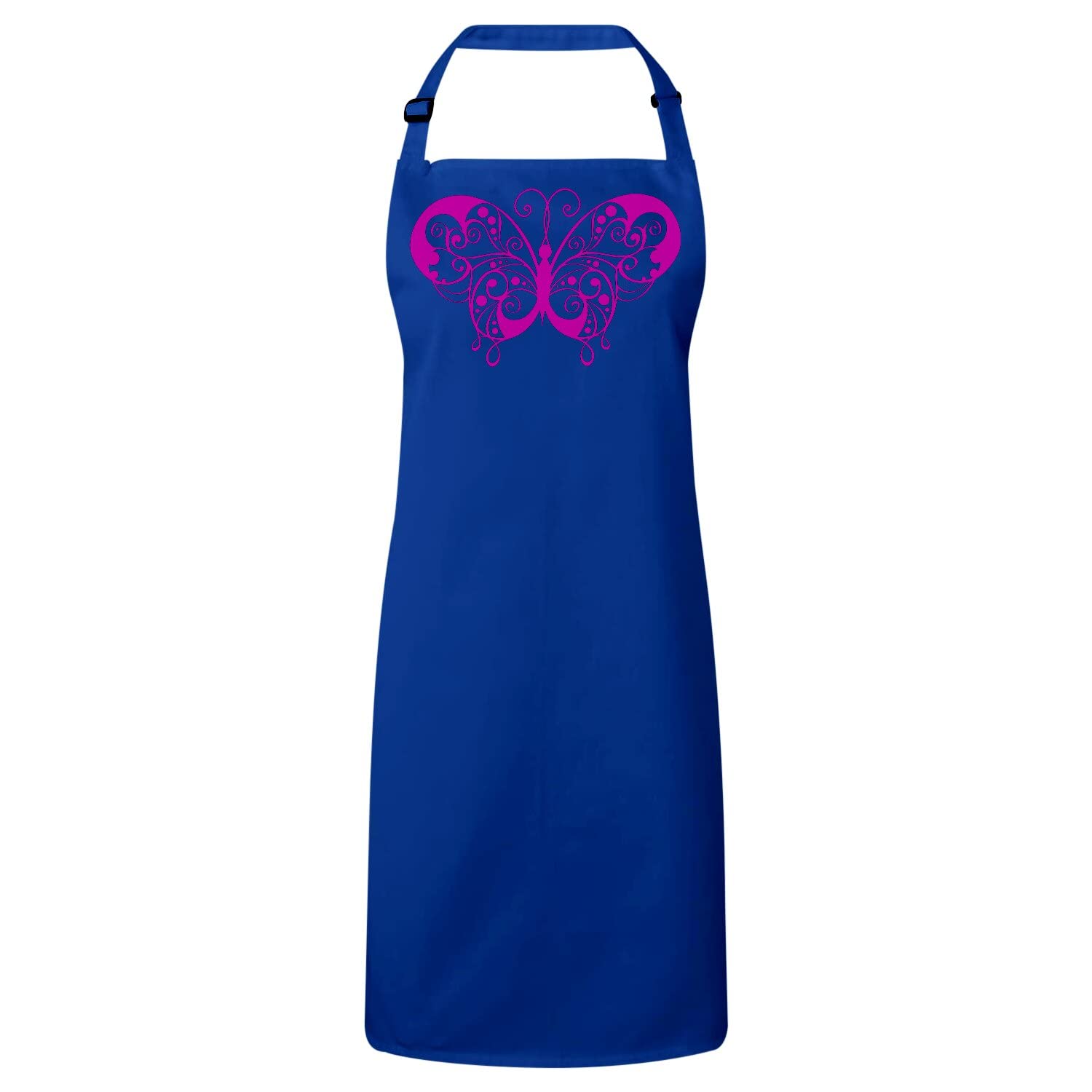 Tablier cuisine premium bleu au design de papillon rose