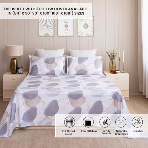 Image of HOMEMONDE Cotton Flat Sheet with Two Pillow Covers Soft & Breathable Bed Sheet for Queen Size Bed (90 x 100 Inch / 229 x 254 cms, Spheres of Serenity) | Perfect for Home Decor & Gifting