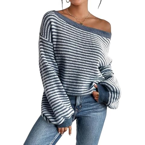 SOLY HUX Women's Off The Shoulder Striped Sweaters Oversized Long Sleeve Knit Pullover Tops Blue Striped S Cover