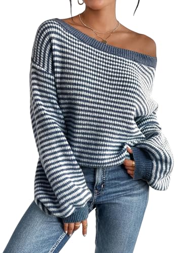 SOLY HUX Women's Off The Shoulder Striped Sweaters Oversized Long Sleeve Knit Pullover Tops Blue Striped M