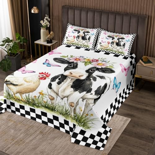 Milk Cow Quilts Set for Kids Boys,Black White Farm Cattle 2Pcs Bedspread Coverlet Set,Farmhouse Spring Flowers Bed Cover Set,Geometric Grids Bedspread Coverlet with 1 Pillowshams (Twin Size)