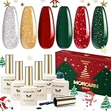 Morovan Gel Nail Polish Set: 6 Christmas Colors Red Sparkle Green Glitter Gold Silver Long-lasting Soak Off Nail Lamp Uv LED Cured Gel Polish Kit for Women Home Salon with Christmas Gift Box