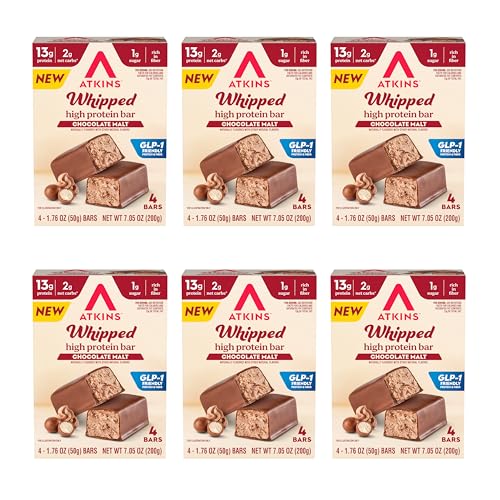 Image of Atkins Whipped Bars, Chocolate Malt Flavored, 13g Protein, 24 Count | 13g Protein, 2g Net Carbs, 1g Sugar, Rich in Fiber, Light and Airy Texture, Individually Wrapped 1.76oz Bars