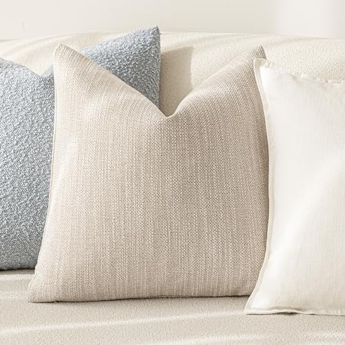 Image of Foindtower Set of 2 Decorative Textured Burlap Linen Throw Pillow Covers Farmhouse Boho Cushion Cover Solid Accent Pillowcase for Couch Sofa Bed Living Room Home Decor,20x20 Inch,Light Beige