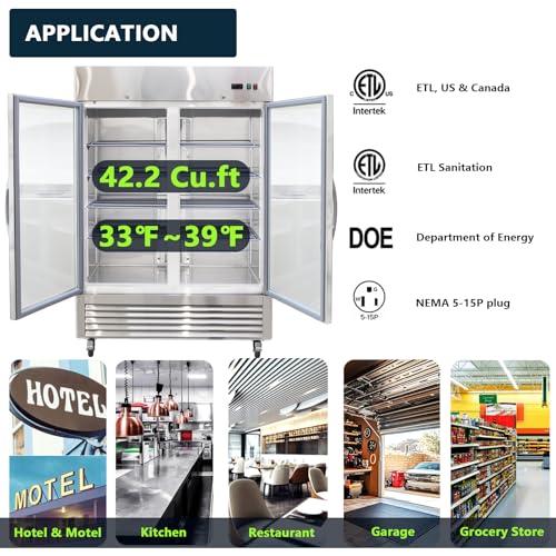 Image of 54 inch Commercial Refrigerators with 2 Glass Door, 42.2 Cu.ft. Reach-in Commercial Fridge, Commercial Fridge with Fan Cooling, Digital Temperature Display, ETL Certified for Restaurant, Bar