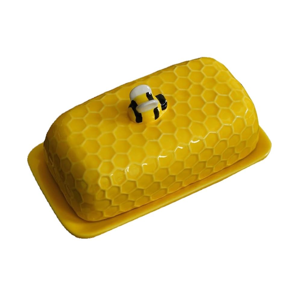HPTHLY Butter Dish Yellow Honeycomb Shaped Butter Dish Ceramic Large Butter Dish With Cover Dim Sum Dish Butter Container