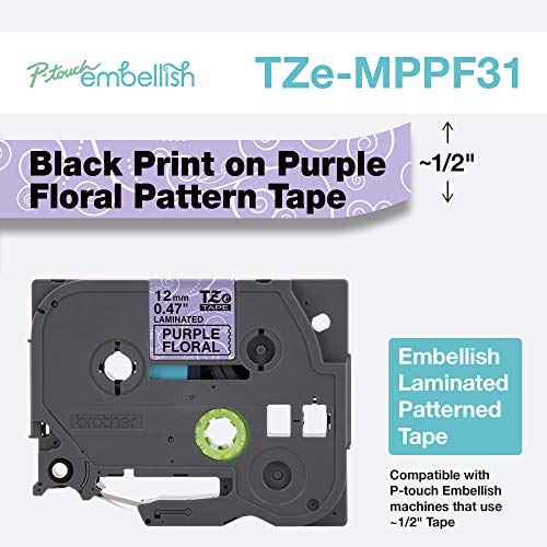 Image of Brother P-Touch Embellish Black Print on Purple Floral Patterned Tape TZEMPPF31 - ~ inch Wide x 13.1' Long for use with P-Touch Embellish Ribbon & Tape Printer