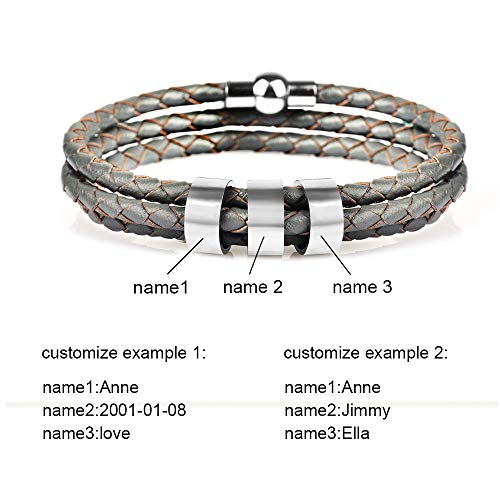 SOULSIS Men's Black Braid Leather Bracelet with Names Engraved in Custom Beads2