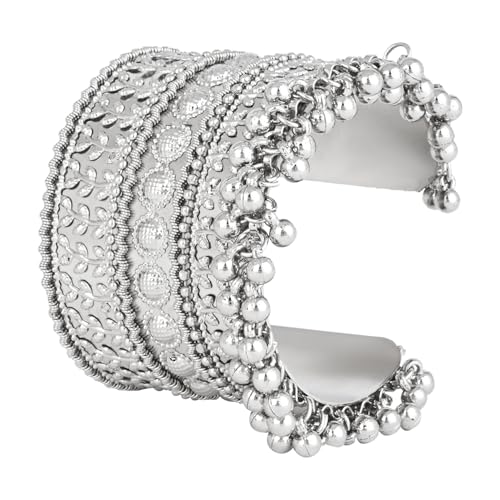 Image of I Jewels Navratri Ethnic Silver Oxidised Adjustable Afghani Ghungroo Cuff Kada Bracelet For Women