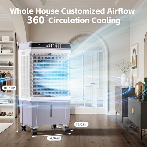 Image of AKIRES 1800CFM Swamp Cooler,3-IN-1 Evaporative Air Cooler with 5.3 Gal Water Tank,6 Ice Packs,Evaporative Cooler with 12H Timer,2 Modes,3 Speeds,120Oscillation,Cooling Fan for Indoor,Outdoor(31IN)