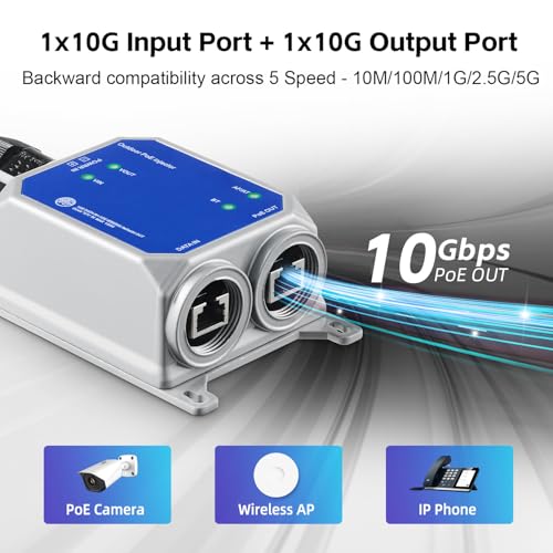 Image of MokerLink IP67 Outdoor 10 Gigabit PoE Injector, 10 /100M /1G /2.5G /10Gbps, DC48-57V in Max 120W, IEEE 802.3 af /at /bt PoE Out Max 90W, Wall Mount Metal Waterproof