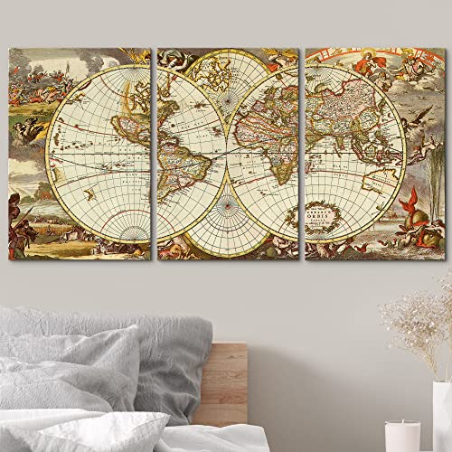 Wall26 - 3 Panel Canvas Wall Art - Vintage World Map - Giclee Print Gallery Wrap Modern Home Art Ready To Hang - 16$ X 3 Panels #TOP2
