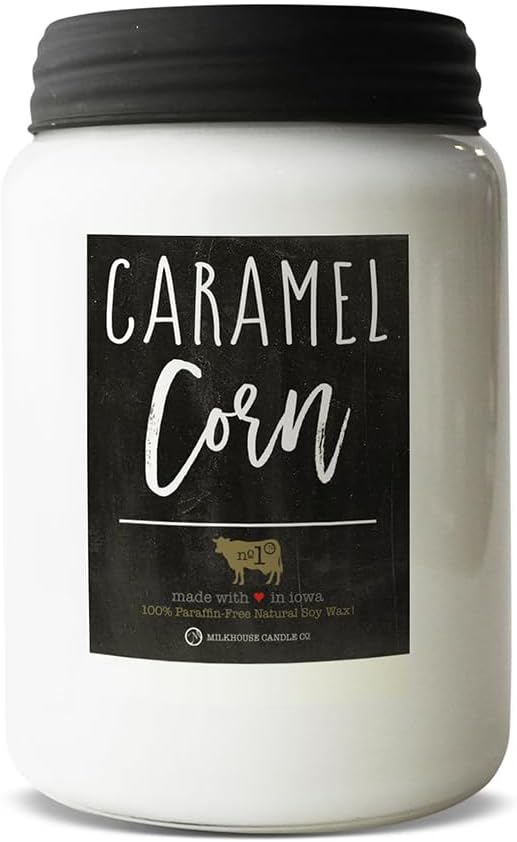 Milkhouse Candle Company Caramel Corn Soy Candle - Roasted Chestnuts | Maple Glaze | Pecan Scented - 26 oz Farmhouse Jar with Lid, 150+ Hour Burn Time, Made in the USA