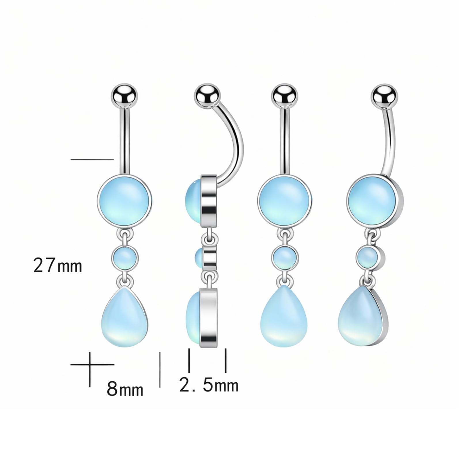 Piercing para ombligo con piedra lunar para mujer, plata de ley 925, 14 g, diseño elegante