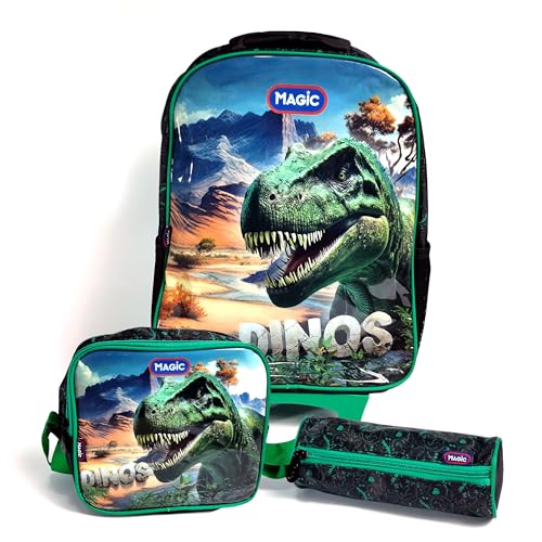 Kit Mochila Infantil Escolar de Rodinha - Dino, Preto e Verde com Lancheira Térmica e Estojo