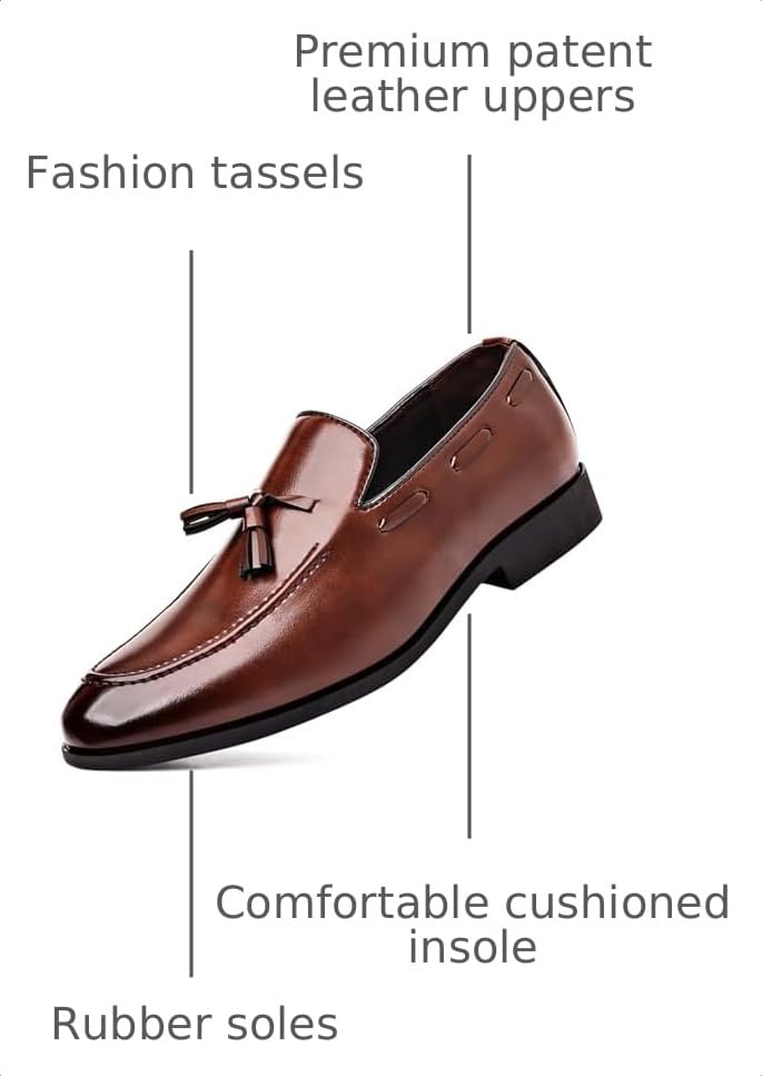 Image of Men's Fashion Tassels Dress Shoes Slip-On Loafers Formal Business Casual Moccasins Driving Leather Shoes