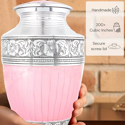 Image of ALPHA Living HOME Cremation Urns for Human Ashes - Adult Metal Urn for Men or Women up to 200lbs - Handcrafted Memorial Burial Container - Suitable for Funeral or Display (Pink Silver)