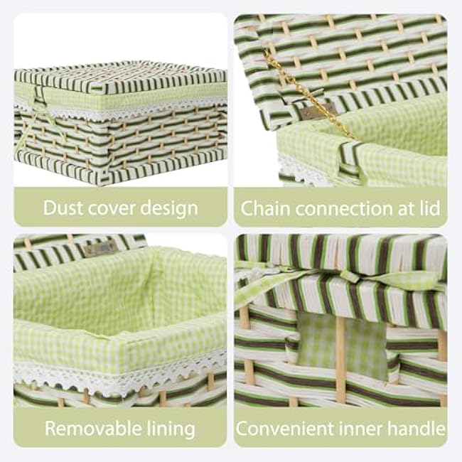 Paper Rope Storage Basket with Lid,Handmade Woven Rustic Green Shelf Basket for Organizing, Decor-Detachable & Washable Lining (Set of 2)