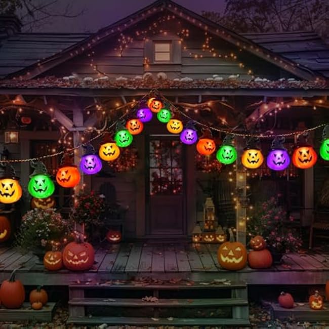 Upgraded Solar Halloween Lights Outdoor, Solar Powered Pumpkin String Lights,16ft 20LED 8 Modes Waterproof Halloween String Lights for Garden Patio Landscape Halloween Decorations(Multicolor)