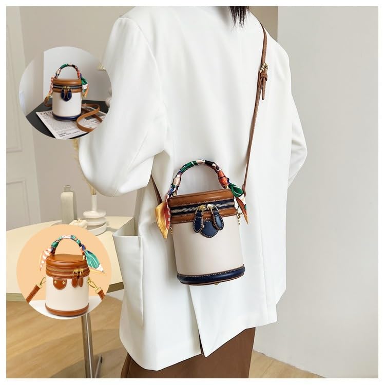 Colorblock Bucket Bag For Women, 2025 New Summer Niche Design Cylinder Bag,Ribbon Handle, Fashionable Crossbody Bag2