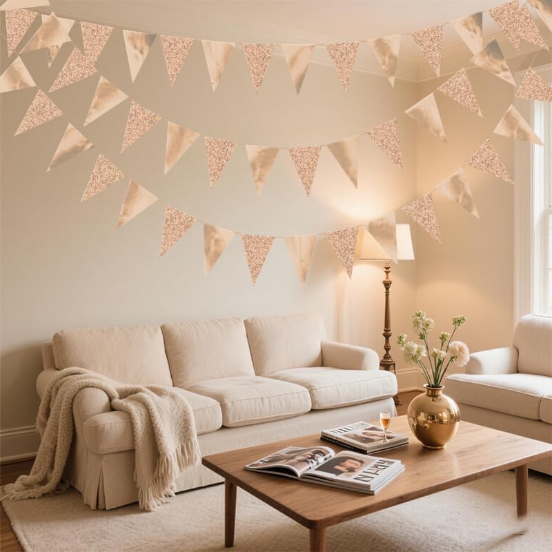 Image of Champagne Hanging Triangle Flag Pennant Garland Champagne Hanging Paper Pennant Streamer Paper Triangle Flag Bunting Banner for Graduation Wedding Engagement Birthday Party Decor 30 Feet