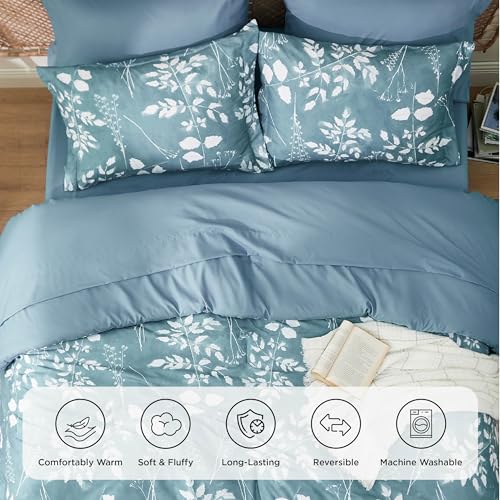 Image of Bedsure Full Size Comforter Set - 7 Pieces Floral Mineral Blue Soft Bedding Sets, Full Bed in a Bag with Botanical Flowers Comforter, Sheets, Pillowcases & Shams