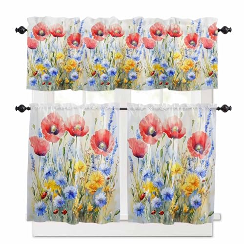 Blue Flower Kitchen Curtains 36 Inch Length,3 Piece Rod Pocket Small Half Tiers and Valance Set,Patriotic Red Poppy Floral Daisy Wildflower Small Large Window Treatment Decor for Bedroom/Bathroom