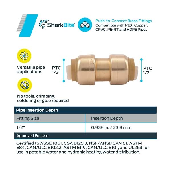 Shark Bite u008lf gerade Kupplung, Sanitär-Armatur für private und gewerbliche Bereiche Wasser Anwendung 13 mm (1/2 Zoll… – Bild 4