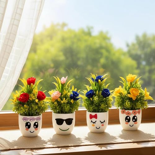 Image of Pack of 4 Mini Artificial Potted Plant with Muti Flower for Home Decor Indoor Outdoor Fake Plant Cute Plant for Kids Room Living Room Desktop Decor Small Faux Plant for Office Decoration