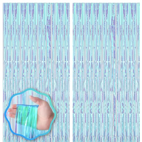Image of Voircoloria 2 Pack 3.3x8.2 Feet Neon Iridescent Foil Fringe Backdrop Curtains, Tinsel Streamers Birthday Party Decorations, Fringe Backdrop for Graduation, Baby Shower, Gender Reveal, Disco Party