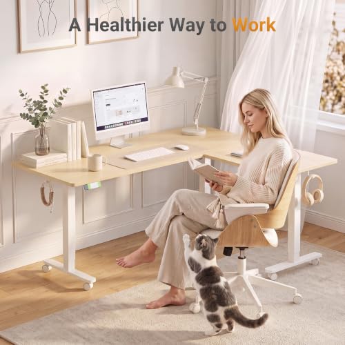 Image of Claiks L Shaped Standing Desk Dual Motor Adjustable Height 63x55in White