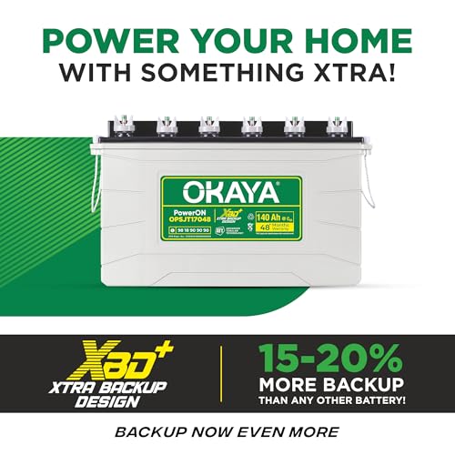 Image of OKAYA PowerON OPSJT17048 140Ah Super Jumbo Tubular Advanced Battery for Home, Office & Shops | Robust & Compact Design | Extra Backup Plus (XBD+ Technology) | 48 Months Total Warranty