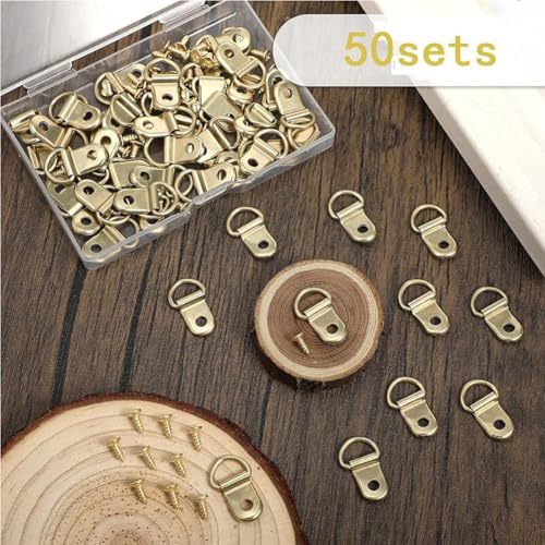 Image of 50Pcs D Ring Hangers Single Hole Hardware Set, Tie Down Anchors with Screws, Ideal for Hanging Pictures, Photo Frames, Paintings, Artworks, Christmas Accessories (Golden)