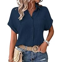 Tshirt Damen, Musselin Bluse Damen Shirts Bluse Elegant Tunics Sommer Tshirt Kurzarm Leinen Knopf Bluse Lange Oversized T-Shirt Casual für Legging, Marine 4XL