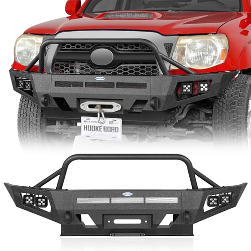 Hooke Road 05-11 Tacoma Front Bumper for Toyota Tacoma 2nd Gen 2005 2006 2007 2008 2009 2010 2011 Pickup, Rock Crawler Bumper w/Winch Plate, Skid Plate & D-Ring Mounts