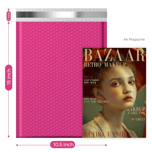 Image of Fuxury Hot Pink Bubble Mailers 10.5x16 Inch 250 Pack, Self Seal Adhesive Waterproof Padded Envelopes, Cushioning Shipping Bags, Padded Mailers for Mailing, Packaging, Small Business Supplies, #5