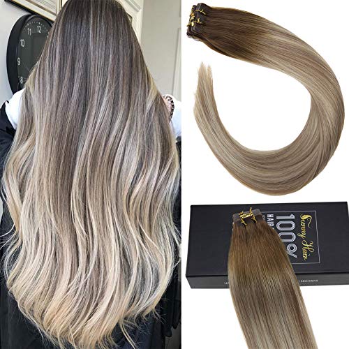 Sunny 16inch 20pcs 50g Balayage Blonde Hair Extensions Remy Tape in Ombre #6 Brown Fading to #16 Ditry Blonde Mixed #60 Platinum Blonde Tape on Human Hair Extensions