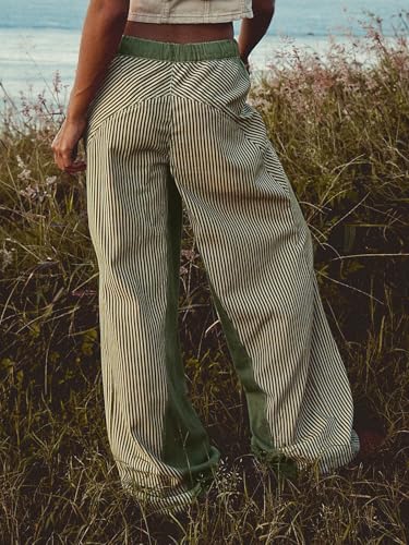 Low Rise Striped Pants for Women Pull On Drawstring Boho Wide Leg Jeans Trendy 20254