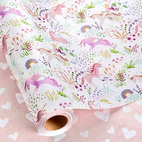 Flyhill Unicorn Wrapping Paper Roll Girls Birthday Wrapping Paper Cute Pink Unicorn Gift Wrap Paper with Colorful Florals for Baby Shower Birthday Party Holiday - Mini Roll(17 IN x 32.8 FT)
