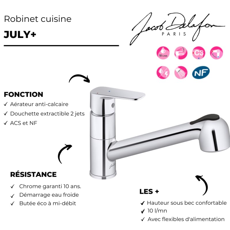 Robinet cuisine avec douchette extractible JACOB DELAFON July+ chromé