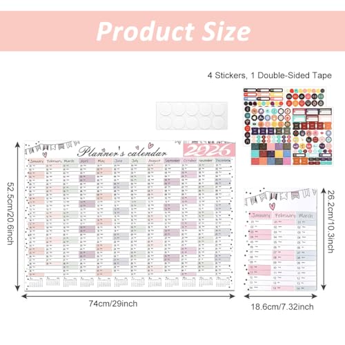 Image of 2026 Wall Calendar Sticker 29 x 20 Inch, Self Adhesive Planning Poster, 12 Month Daily Schedule Year Organizer For Home Office Study