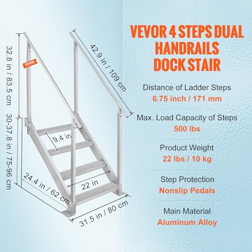 Image of VEVOR Dock Stairs 4 Steps, 500lbs Load Pool Steps, Adjustable Height Aluminum Dock Ladders, Pontoon Boat Ladder with Handrails & Widen Nonslip Pedals for Lake /Pool /Marine Boarding /RV /House