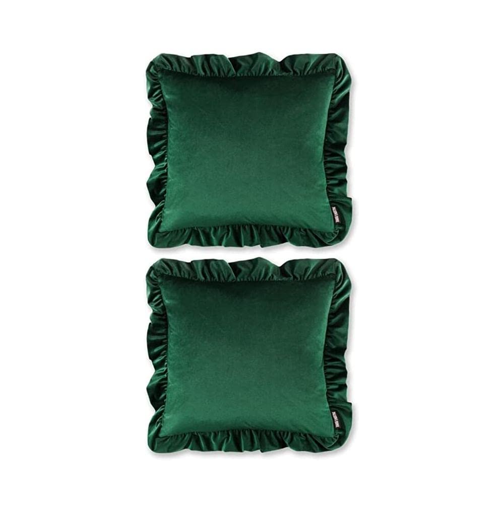 Green Paloma Home Cushion Cover Ruffle Emerald Soft Velvet Ruffled Edging Cover (X2) - 43 X 43Cm