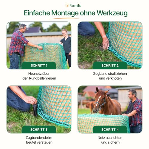 Farmilia® Heunetz für Pferde - Ideal für Rundballen bis ø190cm I Robustes Rundballennetz - UV-geschützt & wetterfest I Großes Heunetz inkl. Tragetasche - 45x45mm Maschen für langsames Fressen