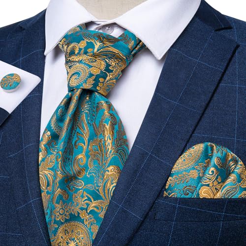 Image of DiBanGu 3PCS Ascot Ties for Men Wedding Jacquard Woven Silk Ascot Cravat for Men Cravat Tie and Pocket Square Set