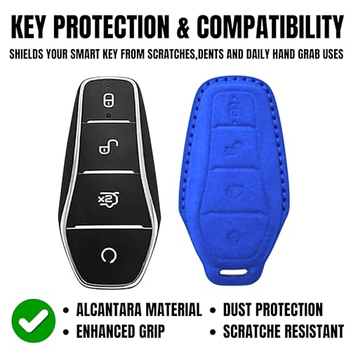 Image of KMH Alcantara Key Cover Compatible with BYD Atto 3 Models Smart Keycover with Keychain 4 Buttons Shell Case Holder Full Key Protector Accessories Smart Keycover with Keychain, Blue - Pack of 2