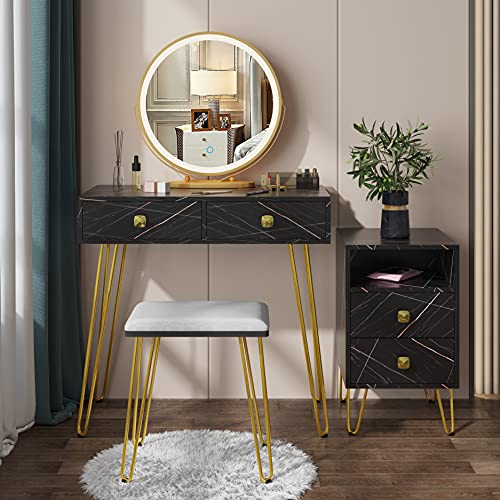 Bedroom Vanity with Storage, Vanity Makeup Table Set with 3 Color Brightness LED Mirror, Vanity Dressing Table with Storage Cabinet, Cushioned Stool, Intelligent Touch Screen, for Bedroom (Black) Bedroom Vanity with Storage, Vanity Makeup Table Set with 3 Color Brightness LED Mirror, Vanity Dressing Table with Storage Cabinet, Cushioned Stool, Intelligent Touch Screen, for Bedroom (Black)