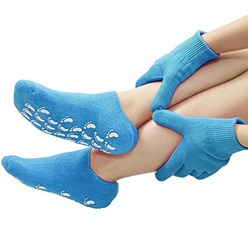 Gel Moisturizing Spa Gloves and Socks for Dry Cracked Feet Heels Hands Skin Repair treatment for Foot Care Booties and Heel Glove Moisture(Blue)