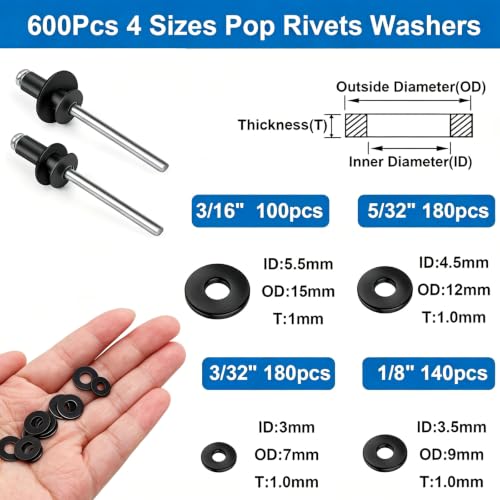 Image of smseace 1500Pcs Black Pop Rivets Kit with Washers in Handheld Box, 14-Size SAE Blind Rivet Assortment 3 /32,1 /8,5 /32,3 /16 Inch, Metal Blind Rivets for Furniture Automotive Instruments Repair